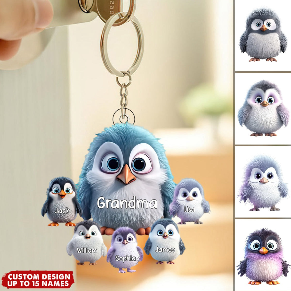 Personalized Nana/Mom Penguin with Little Kids Acrylic Keychain