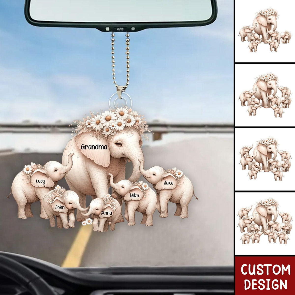 Mama/Nana Elephant With Little Kids - Personalized Acrylic Car Ornament - Mother's Day Gift
