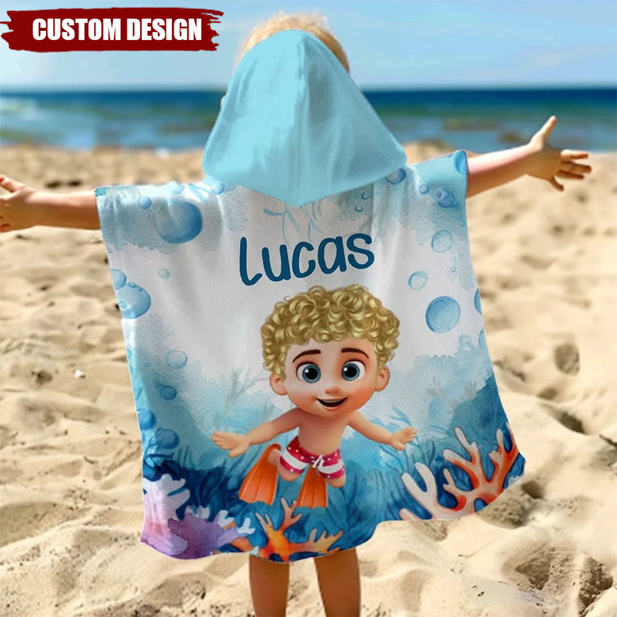 Personalised Cartoon Kid Seaworld Quick Dry Hooded Beach Towel with Name Beach Essentials Summer Vacation Birthday Gift for Boys Girls
