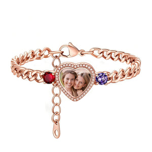 Personalized Heart Photo Birthstones Bracelet - Gift For Mom Wife Grandma