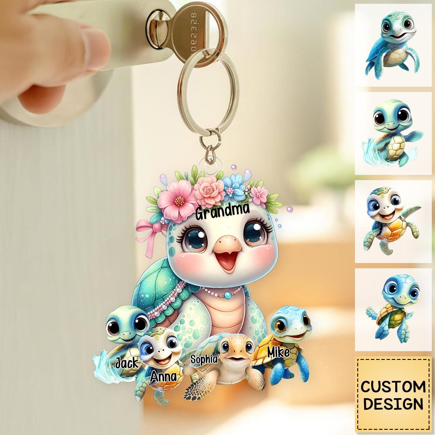 Mama/Nana Turtle With Little Kids - Personalized Acrylic Keychain - Gift For Mom, Grandma