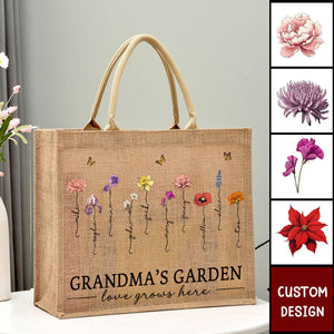 Grandma's Garden Love Grows Here - Personalized Jute Tote Bag