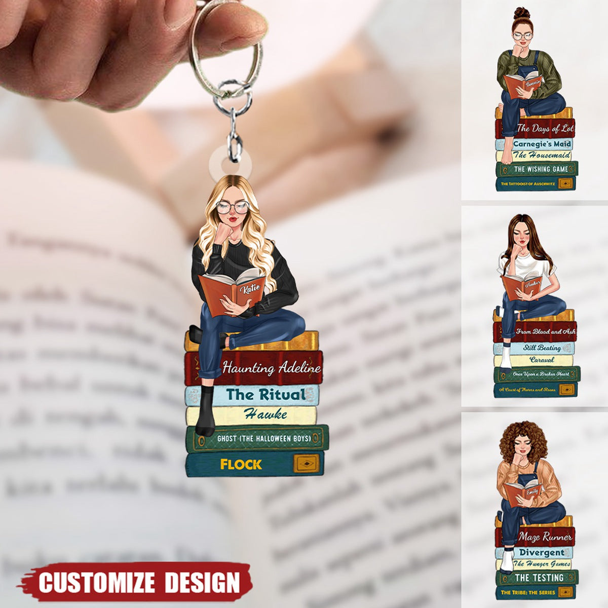Reading Keychains Girl Reading Book - Custom Book Titles, Personalized Acrylic Keychain ...