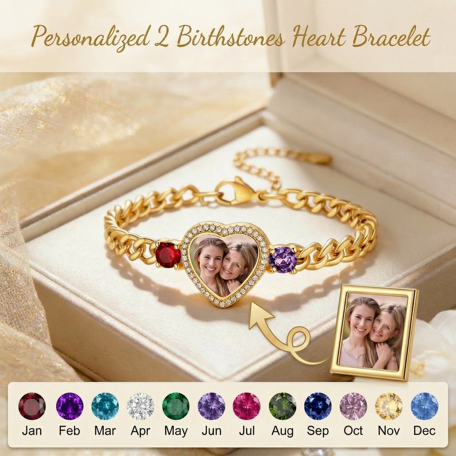 Personalized Heart Photo Birthstones Bracelet - Gift For Mom Wife Grandma
