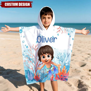 Personalised Cartoon Kid Seaworld Quick Dry Hooded Beach Towel with Name Beach Essentials Summer Vacation Birthday Gift for Boys Girls