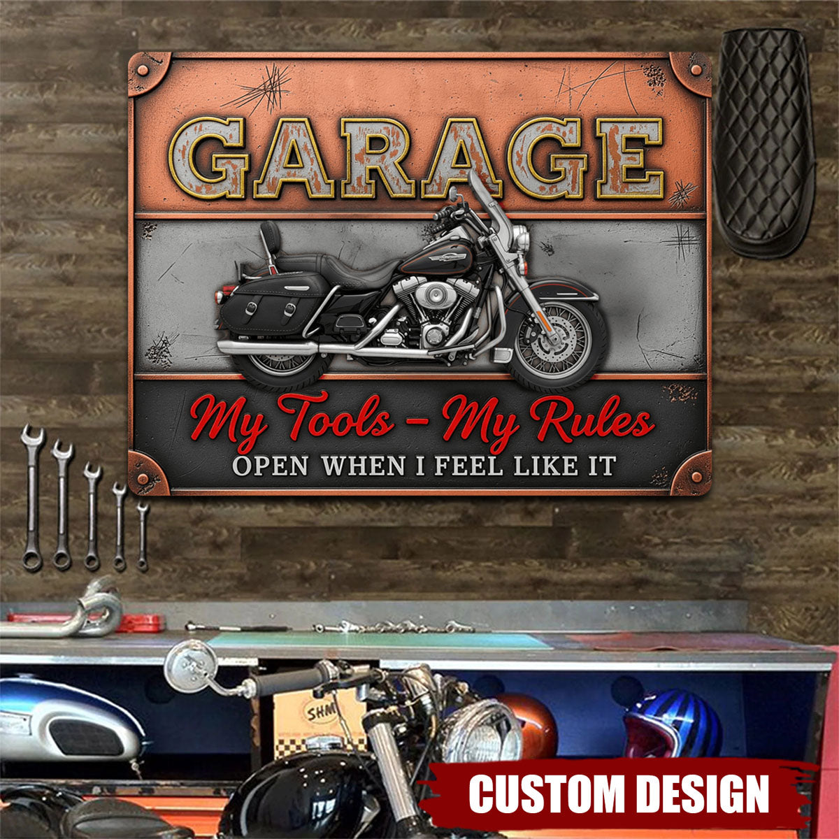 Retro Garage Print Metal Sign - Personalized Gifts For Rider