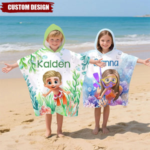 Personalised Cartoon Kid Seaworld Quick Dry Hooded Beach Towel with Name Beach Essentials Summer Vacation Birthday Gift for Boys Girls