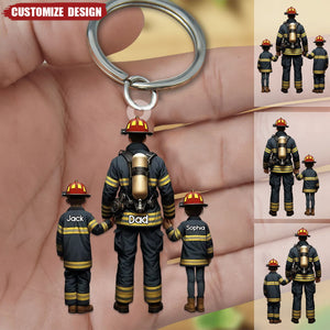 Firefighter Dad And Kids - Personalized Acrylic Keychain