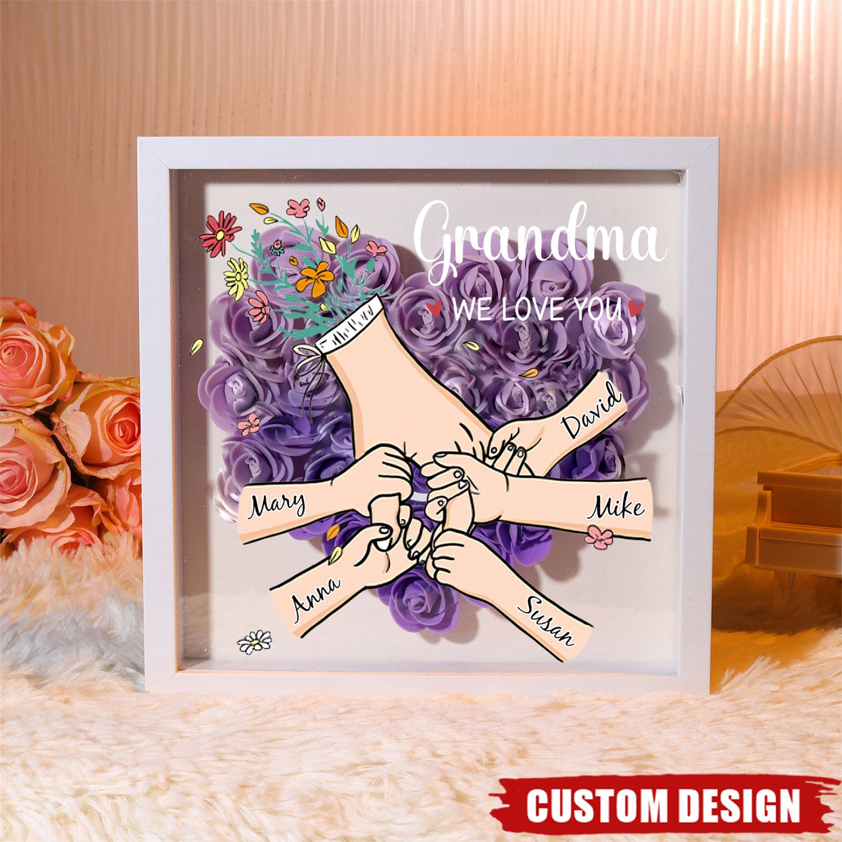Grandma We Love You - Personalised Flower Shadow Box With Name