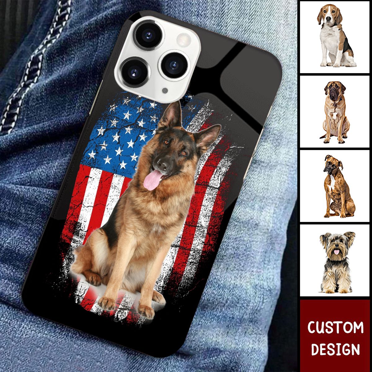America Dog/Horse Flag - Personalized Black Glass Phone Case