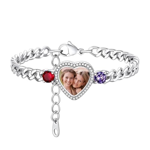 Personalized Heart Photo Birthstones Bracelet - Gift For Mom Wife Grandma