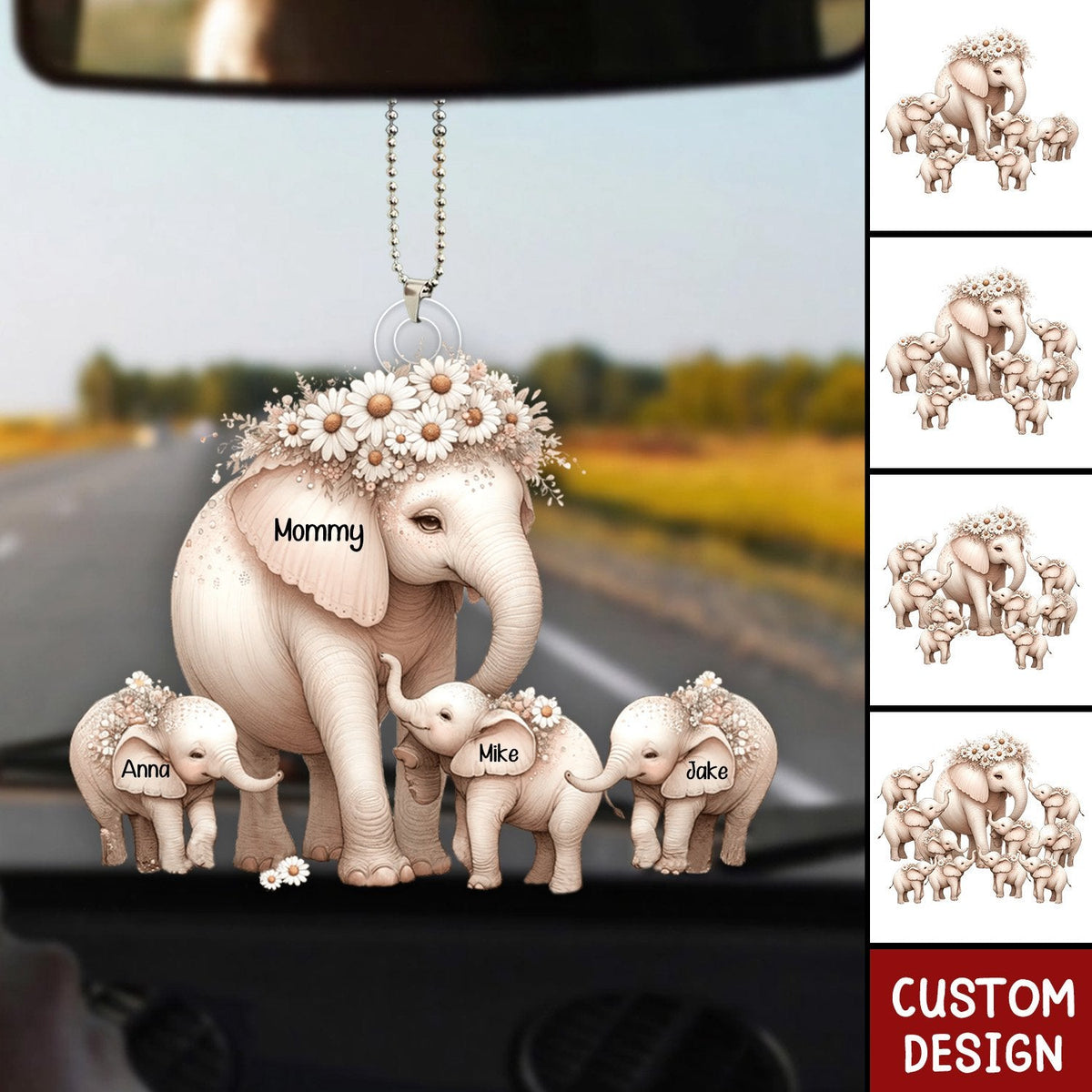 Mama/Nana Elephant With Little Kids - Personalized Acrylic Car Ornament - Mother's Day Gift