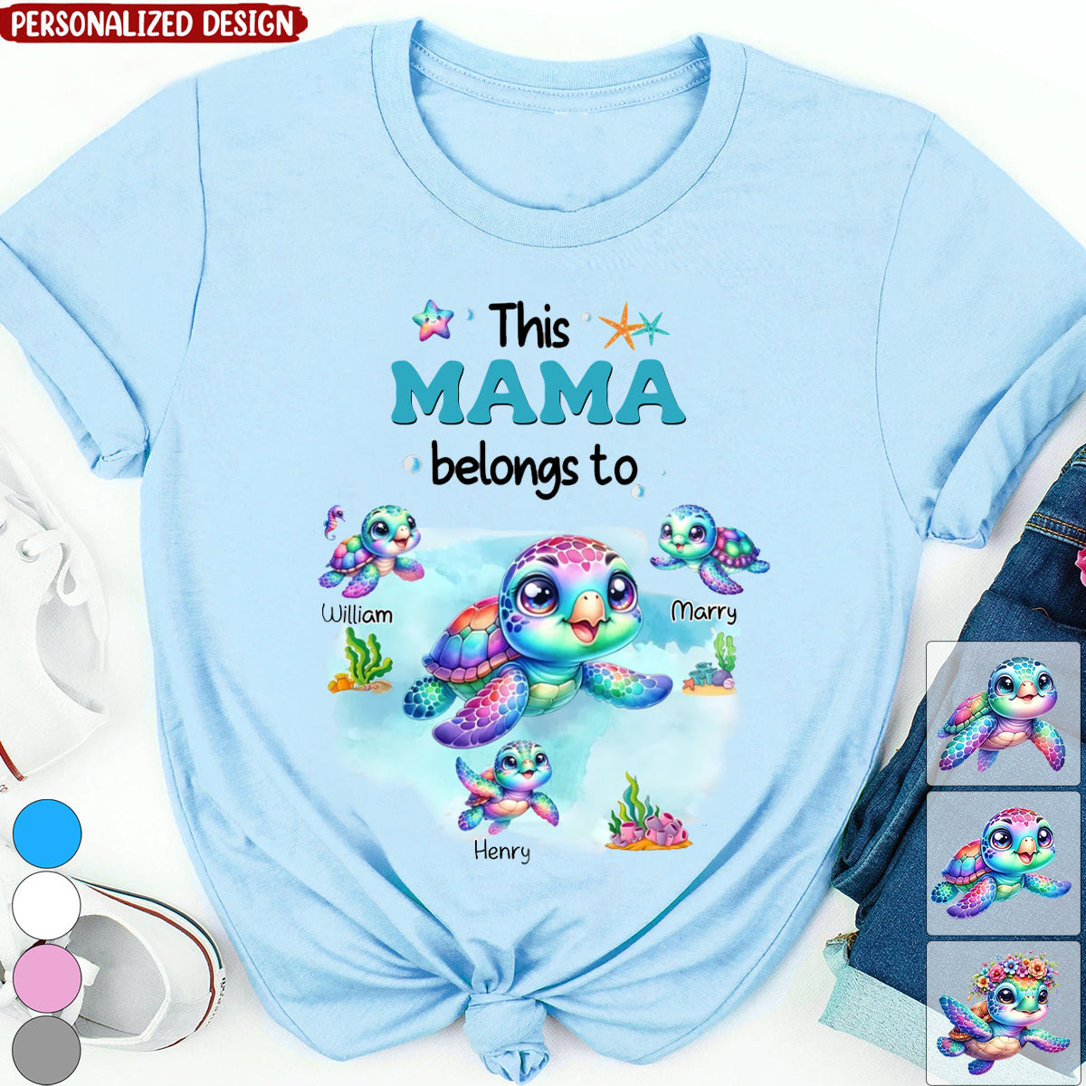 This Grandma/Mom belongs to colorful Turtle Grandkids-Personalized T-shirt-Gift For Grandma/Mom