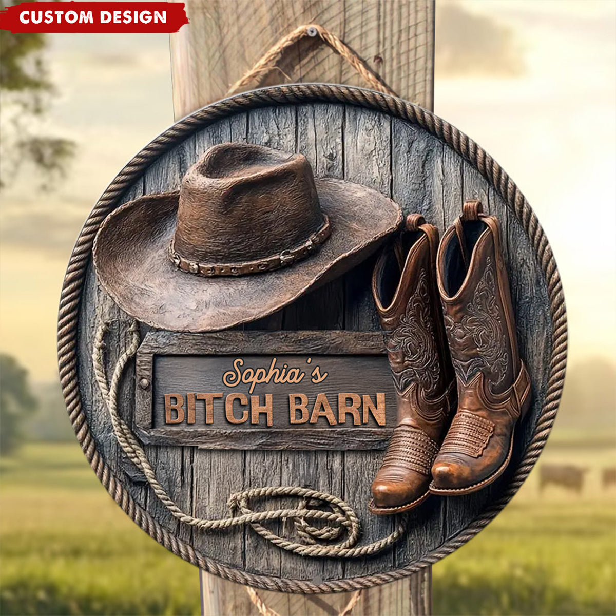 B*tch Barn - Personalized Cowgirl Round Wood Sign