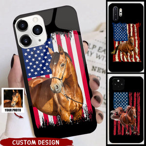 America Dog/Horse Flag - Personalized Black Glass Phone Case