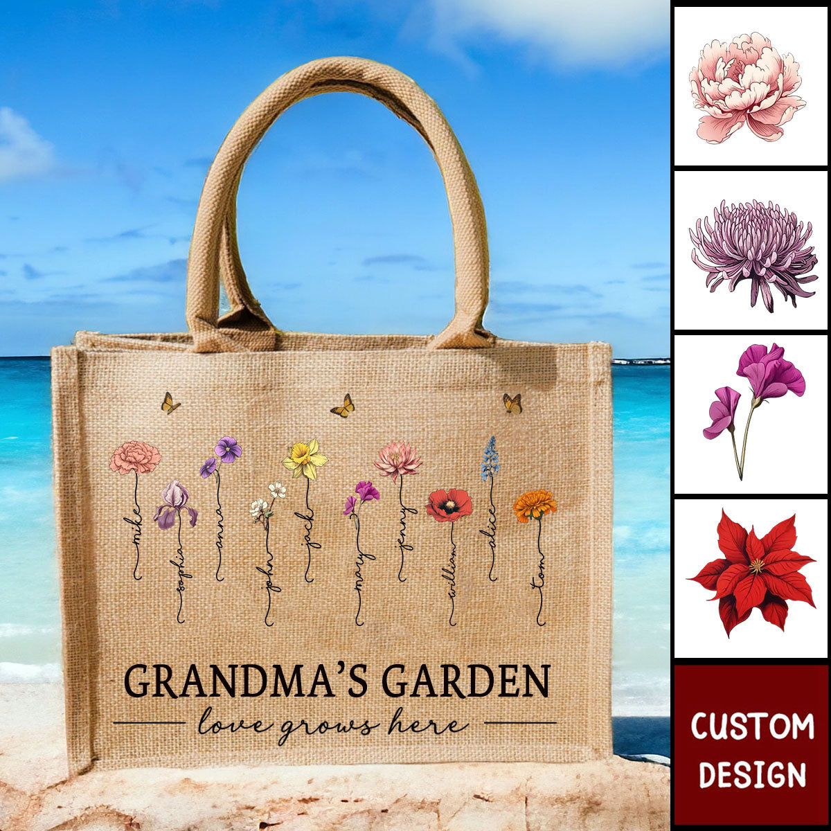 Grandma's Garden Love Grows Here - Personalized Jute Tote Bag