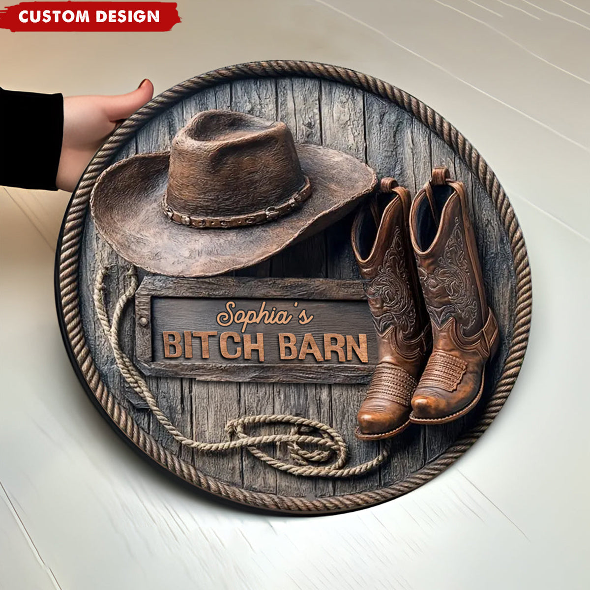 B*tch Barn - Personalized Cowgirl Round Wood Sign