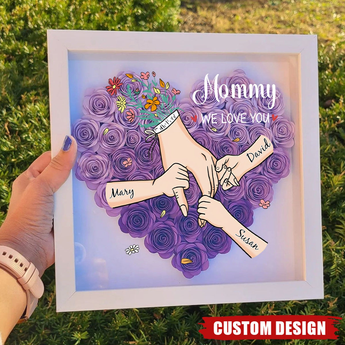 Grandma We Love You - Personalised Flower Shadow Box With Name