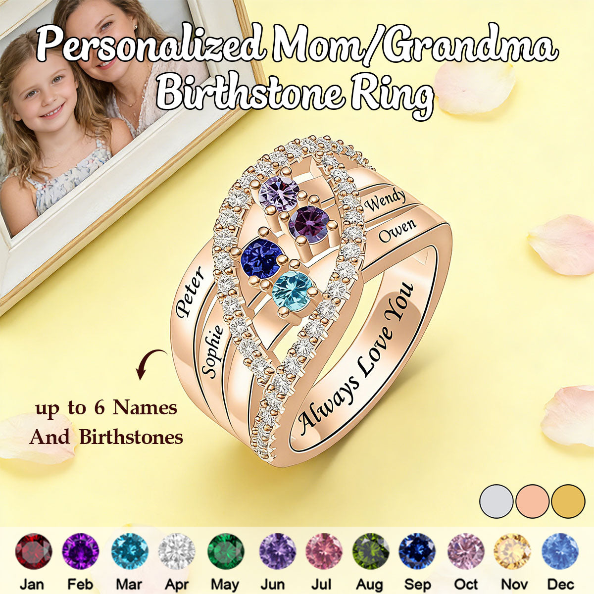 Personalized Name Family Rings With 1-6 Birthstones-Mother's Day Gift
