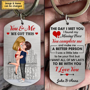 The Day I Met You - Personalized Doll Couple Hugging Stainless Steel Keychain