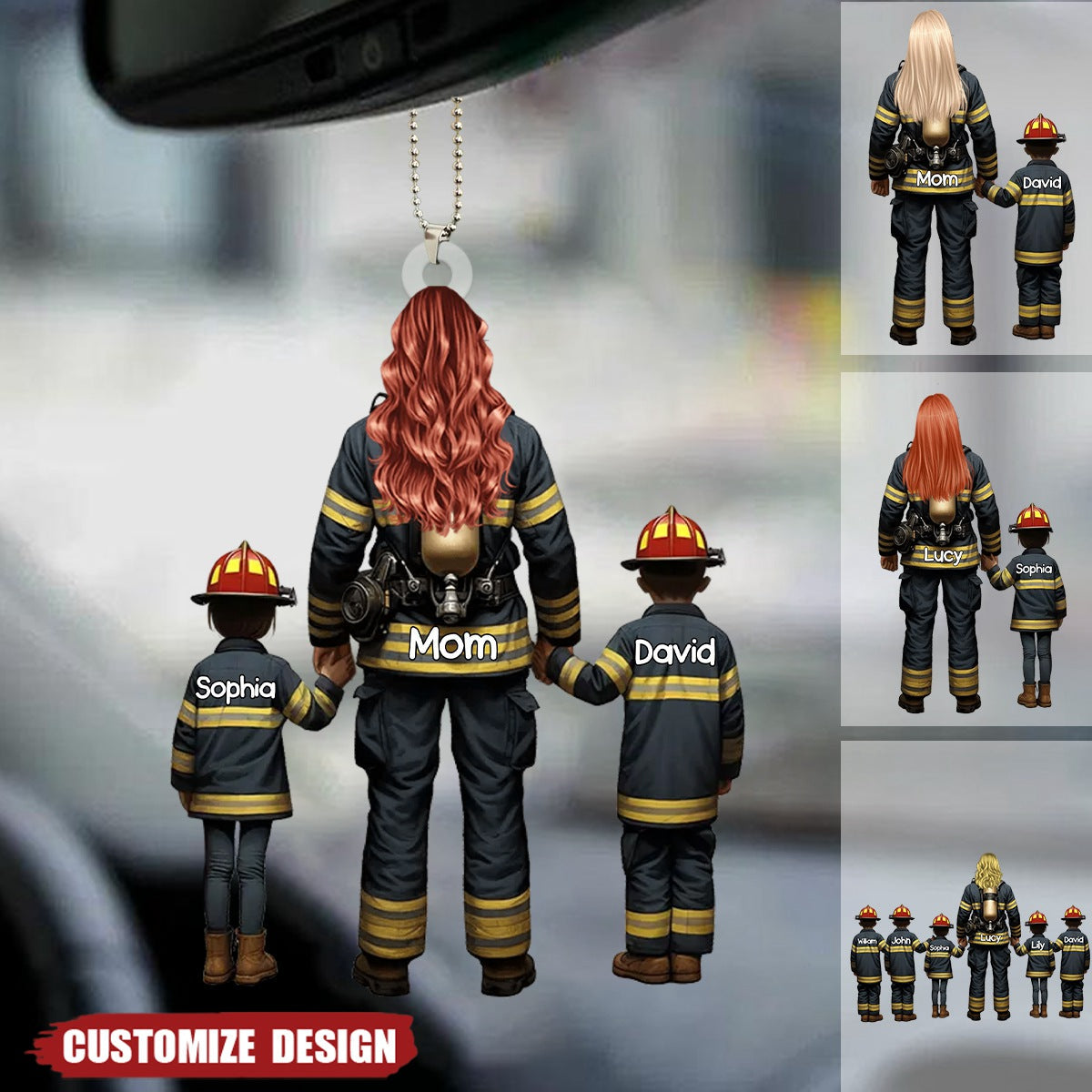 Firefighter Mom/Grandma With Kids - Personalized Acrylic Car Ornament