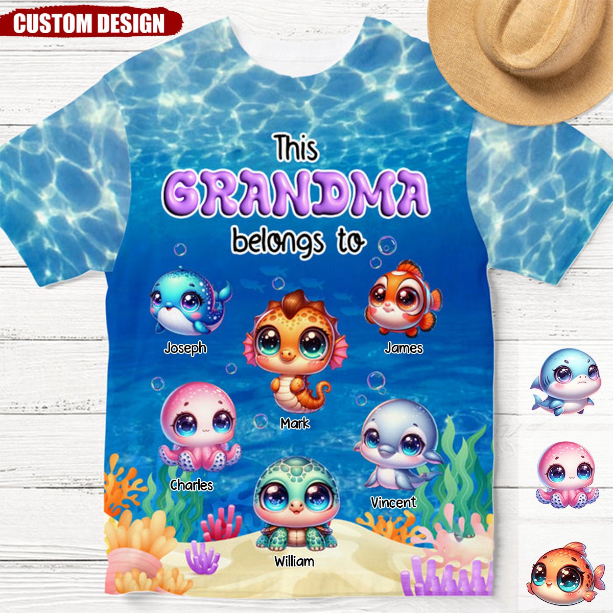Personalized This Grandma/Mom Belongs To Cute Sea Animal Kids 3D T-Shirt