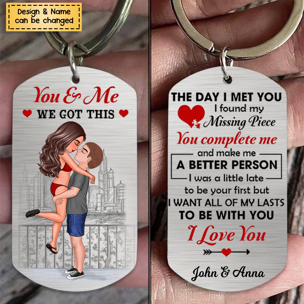 The Day I Met You - Personalized Doll Couple Hugging Stainless Steel Keychain