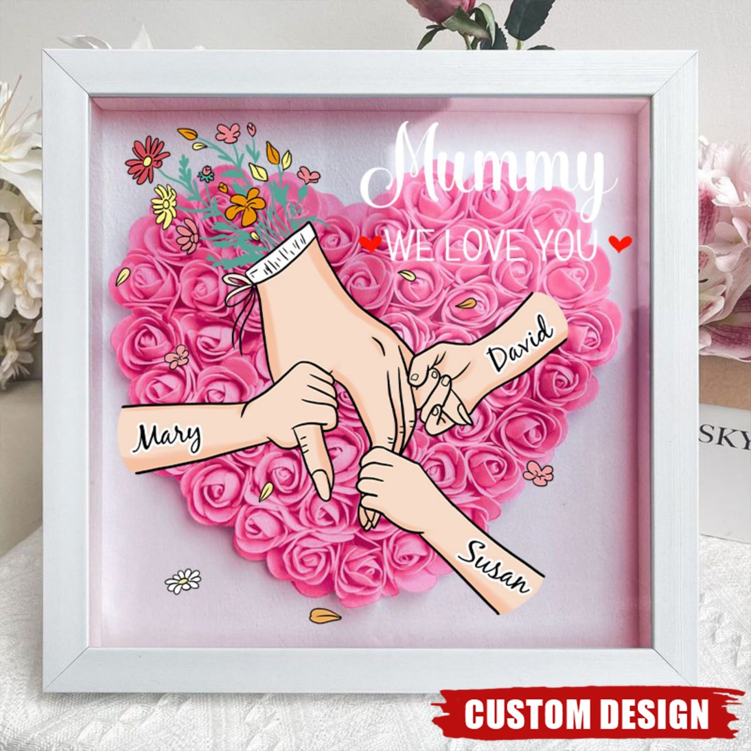 Grandma We Love You - Personalised Flower Shadow Box With Name