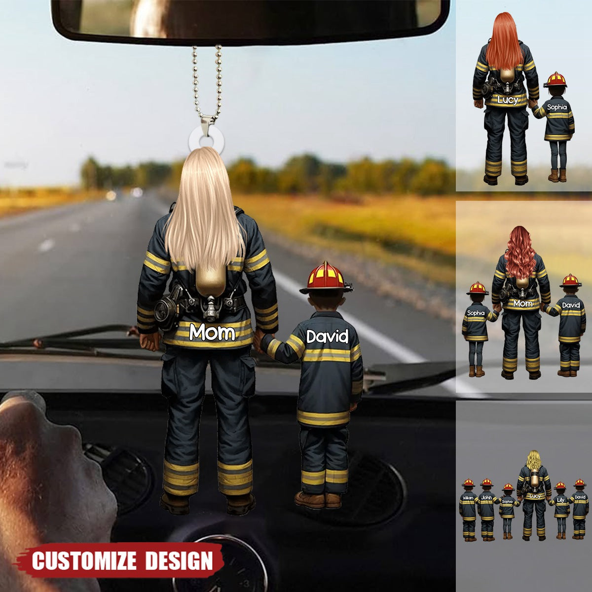 Firefighter Mom/Grandma With Kids - Personalized Acrylic Car Ornament