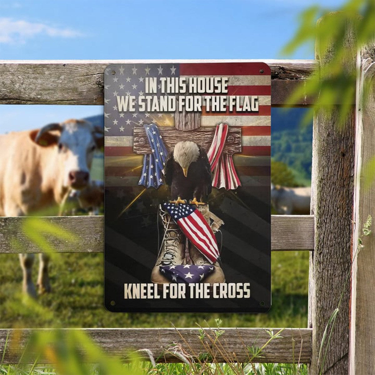 In This House We Stand For The Flag Metal Sign