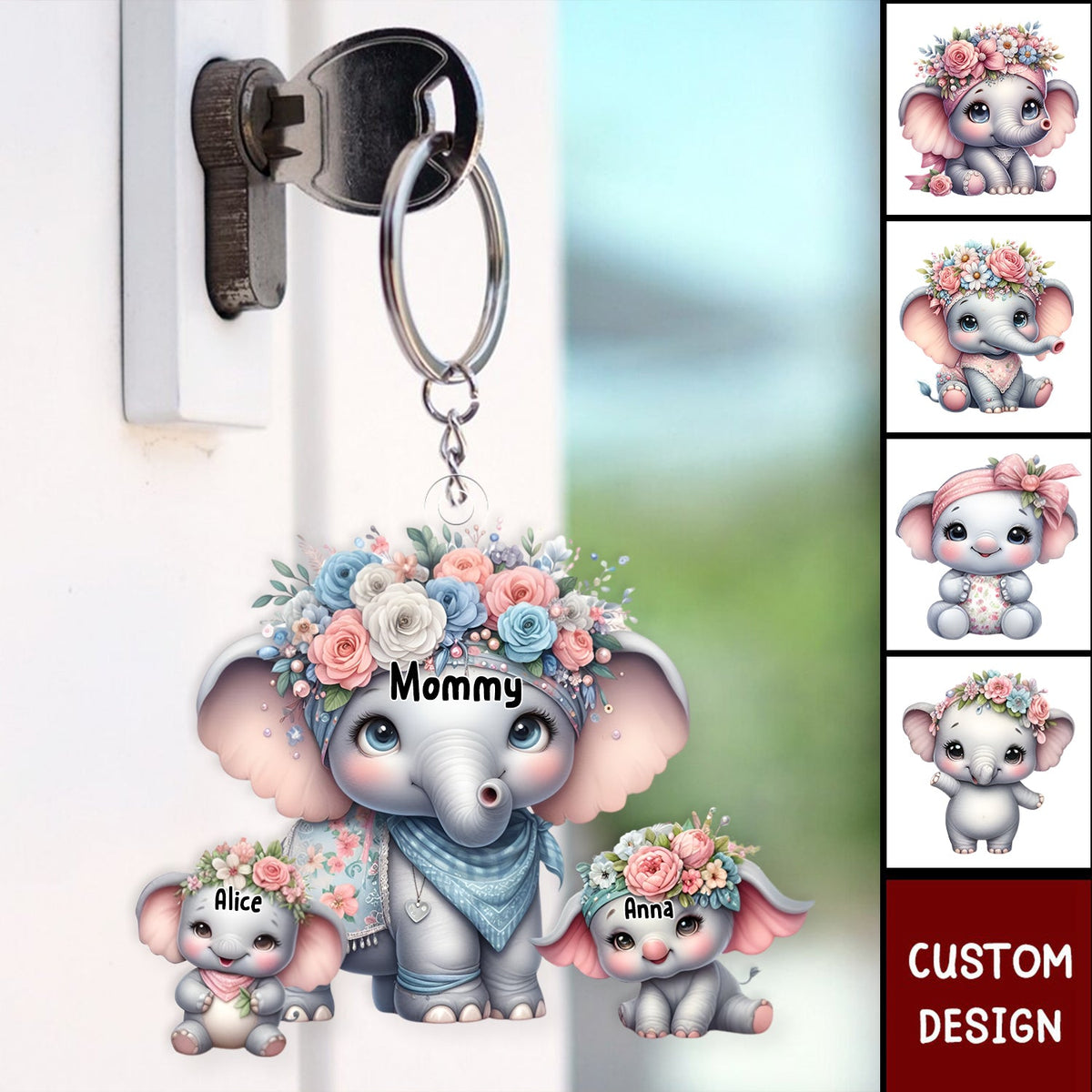 Grandma/Mama Elephant With Flowers - Personalized Acrylic Keychain - Gift For Mom, Grandma
