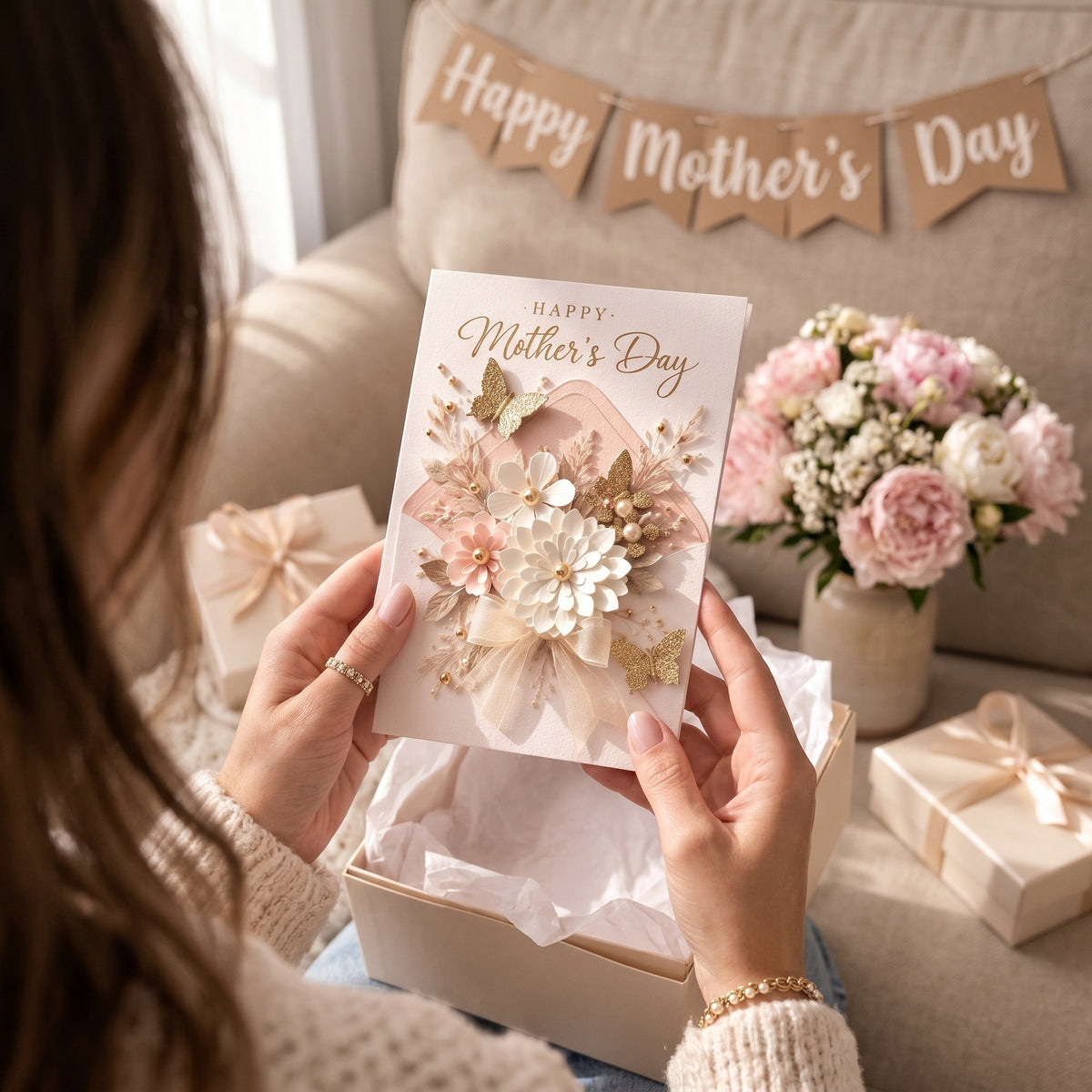 Beautiful Mother’s Day Card for Mom Luxury Floral Butterfly Greeting Card Elegant Happy Mother’s Day Card 3D Floral Envelope Card