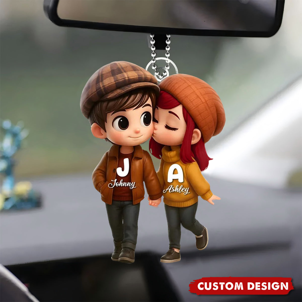 Fall Season 3D Effect Cute Cartoon Couple Walking Personalized Car Ornament, Perfect Gift for him, Gift for her