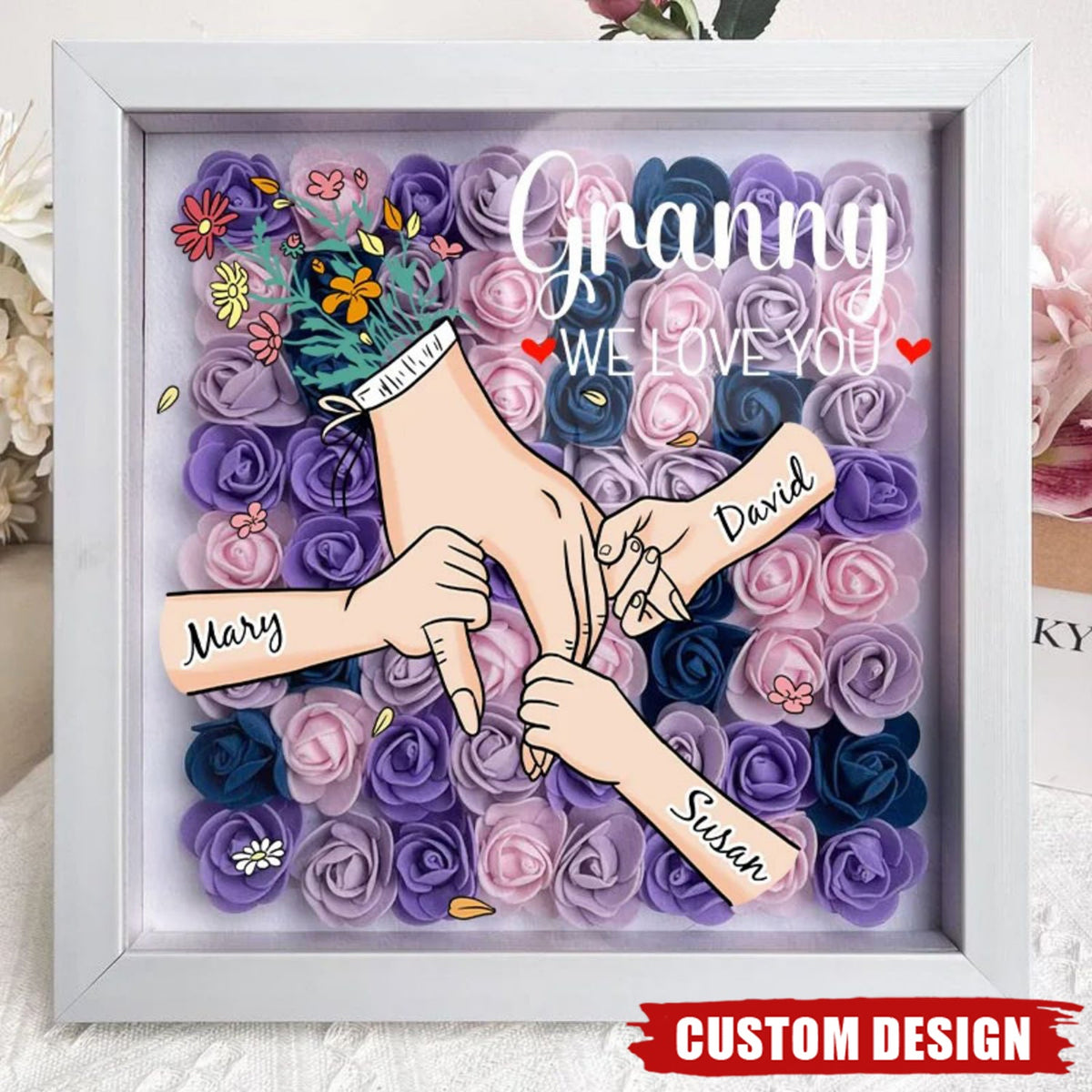 Grandma We Love You - Personalised Flower Shadow Box With Name