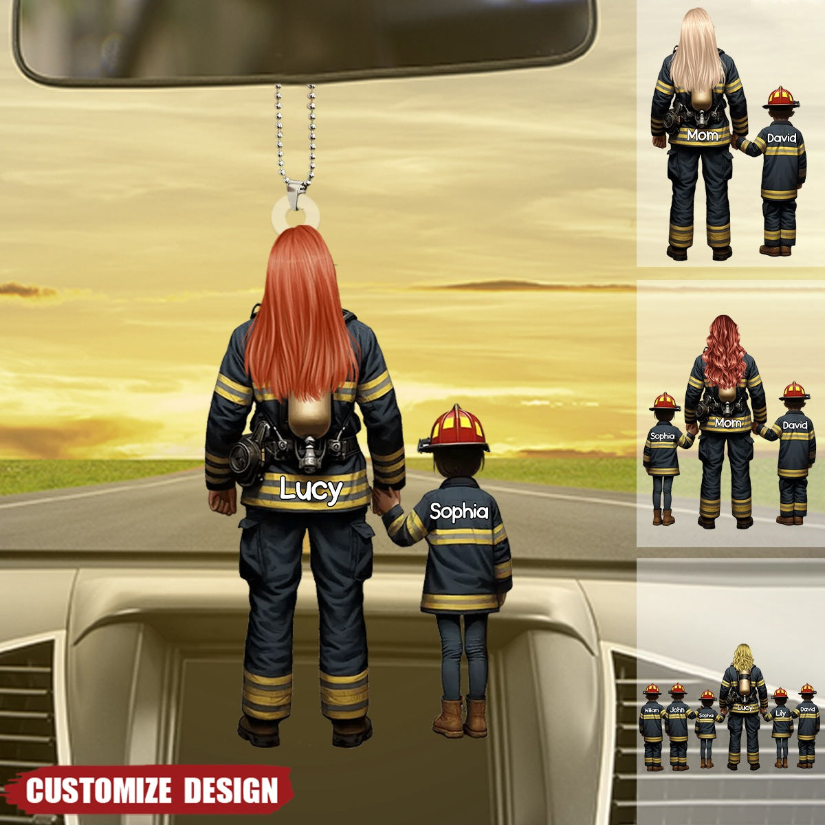 Firefighter Mom/Grandma With Kids - Personalized Acrylic Car Ornament