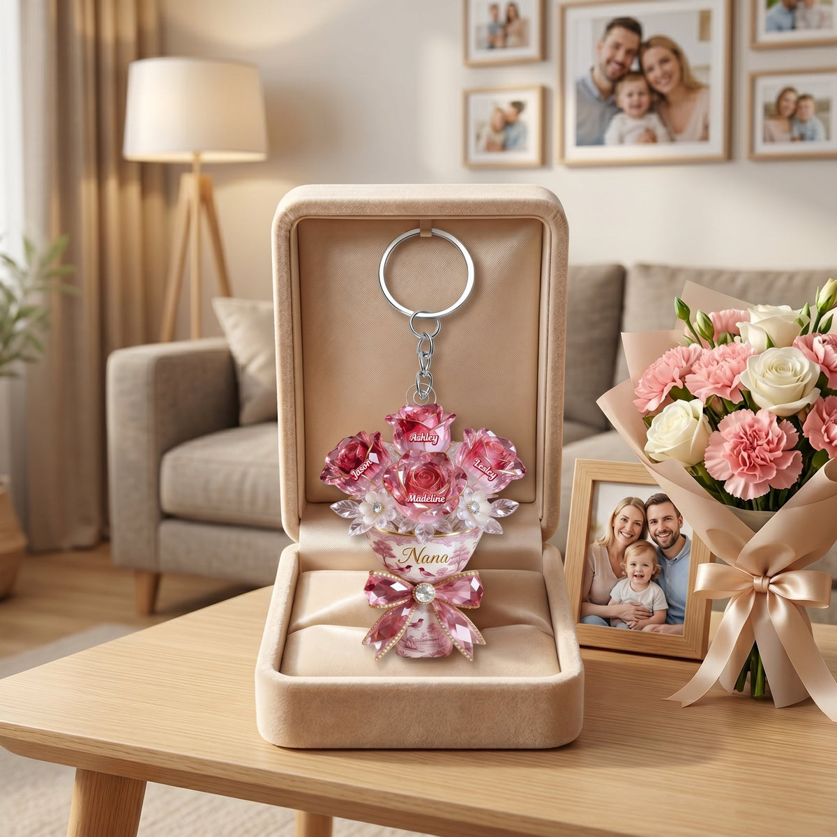 Personalized Flower Bouquet Acrylic Keychain - Gift For Mom