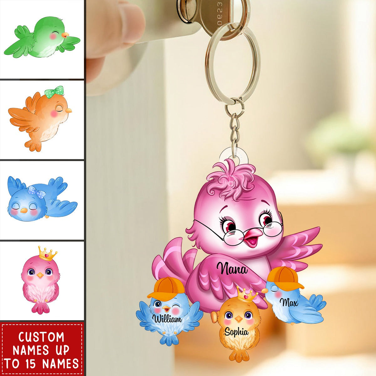 Personalized Nana/Mom Bird WIth Little Kids Acrylic Keychain-Gift For Mother's day