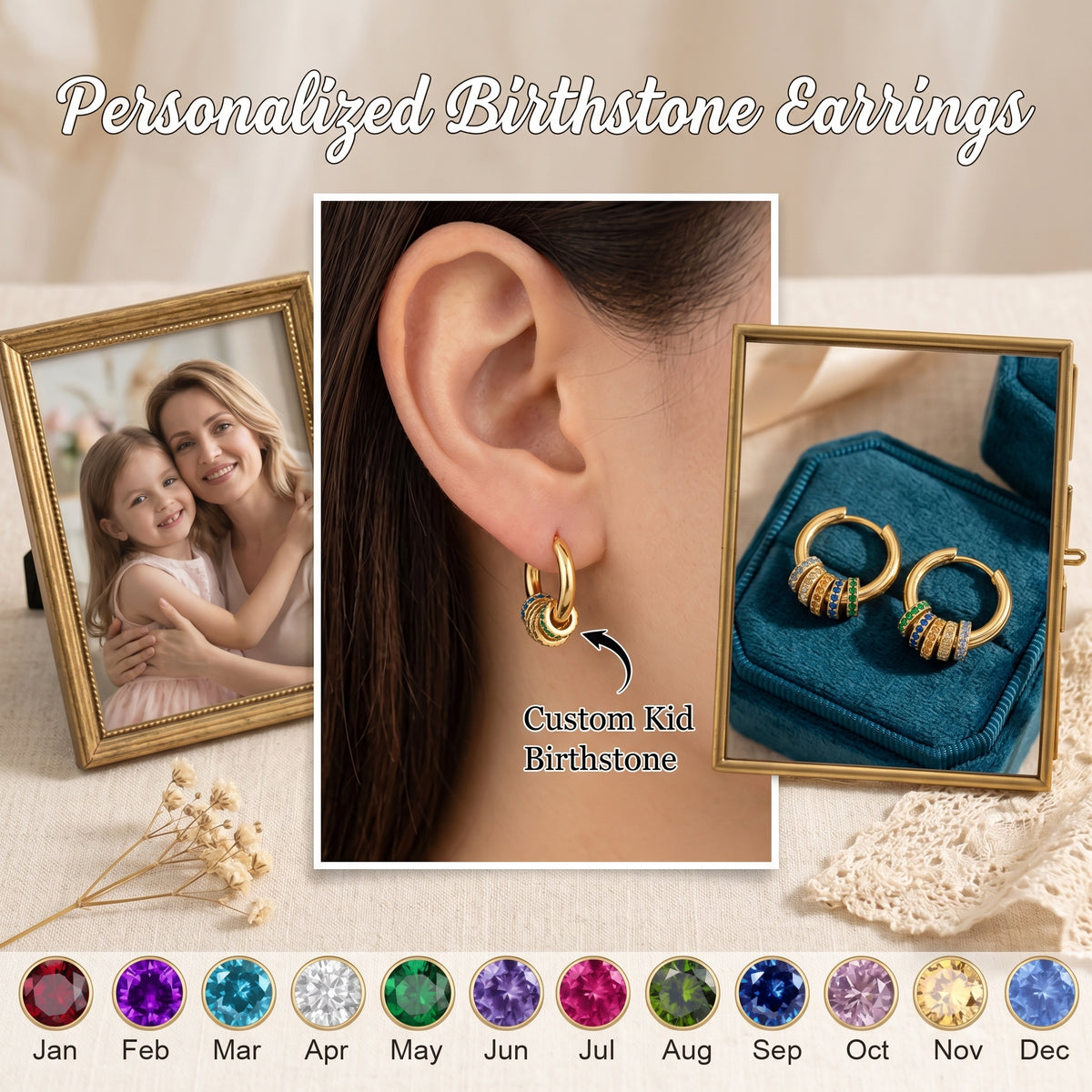 Personalized Multiple Birthstone Hoop Earrings, Minimalist Birthstone Circle Earrings, Mother's Day Gift