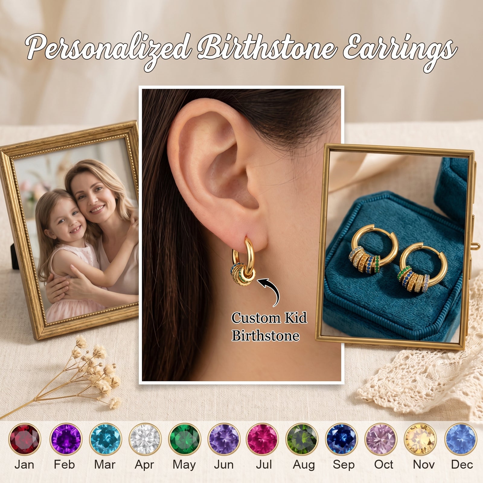 Personalized Multiple Birthstone Hoop Earrings, Minimalist Birthstone Circle Earrings, Mother's Day Gift