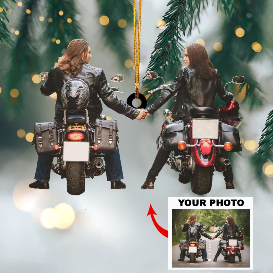 Personalized Motorcyclist /Biker Couple Upload Photo Christmas Ornament