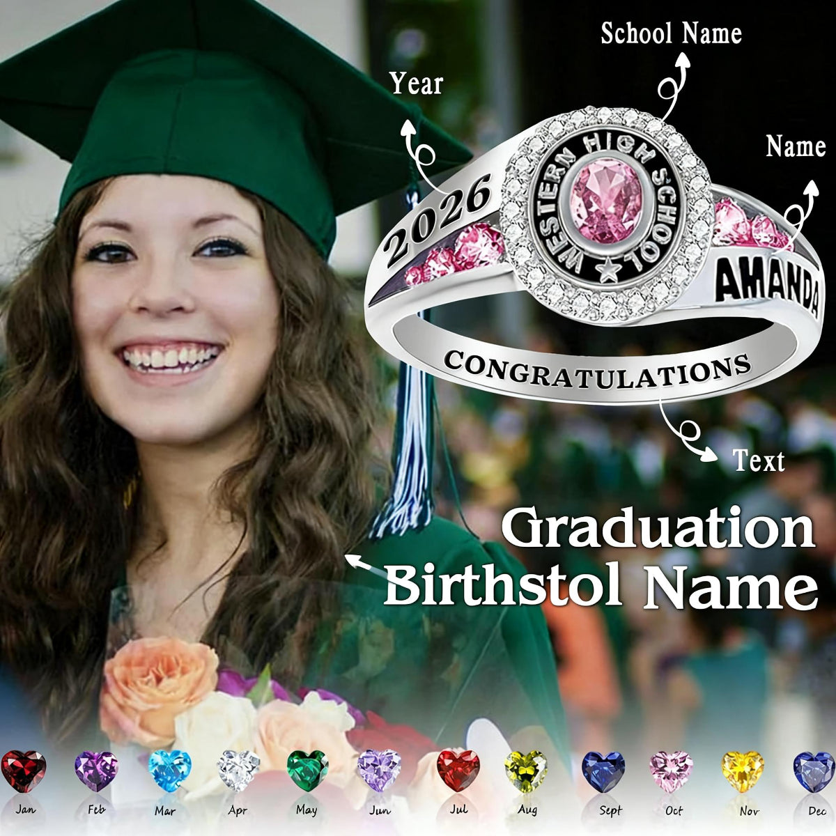 Personalized Engraved College & High School Graduation Ring, Graduation Gift