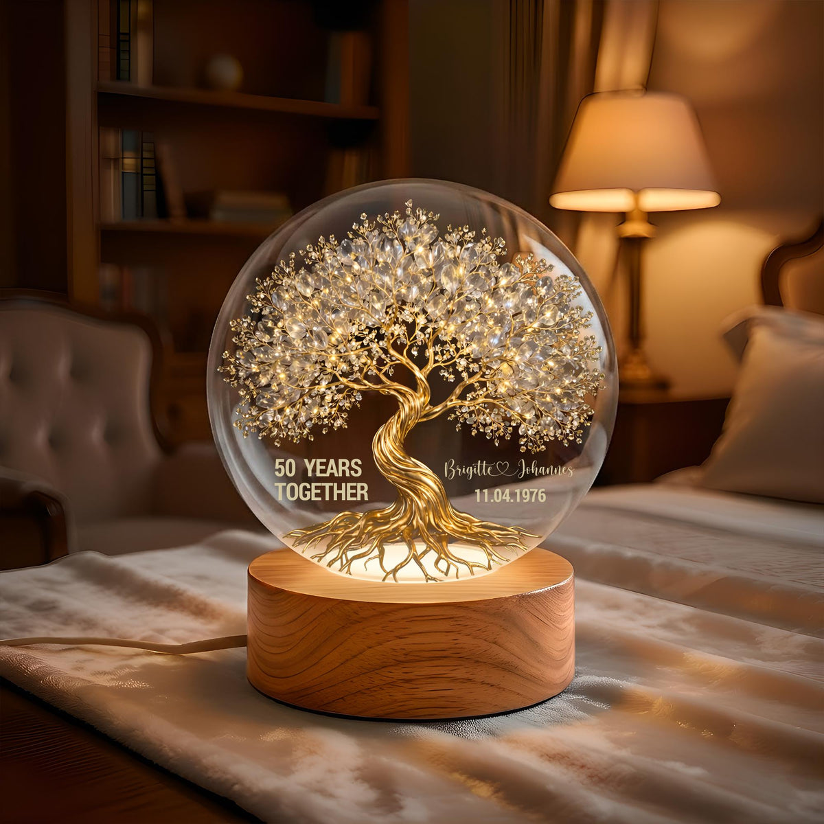 Tree of Love Personalized Couples Crystal LED Ball Light - Wedding Anniversary Gift, Couple Gift