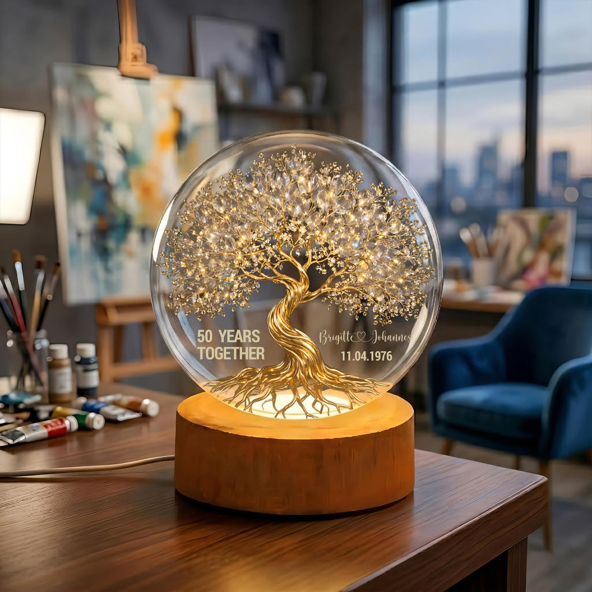 Tree of Love Personalized Couples Crystal LED Ball Light - Wedding Anniversary Gift, Couple Gift