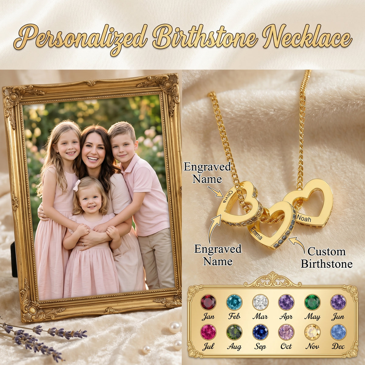 Personalized Heart Circle Birthstone Necklace with Name-Mothers Day Gift