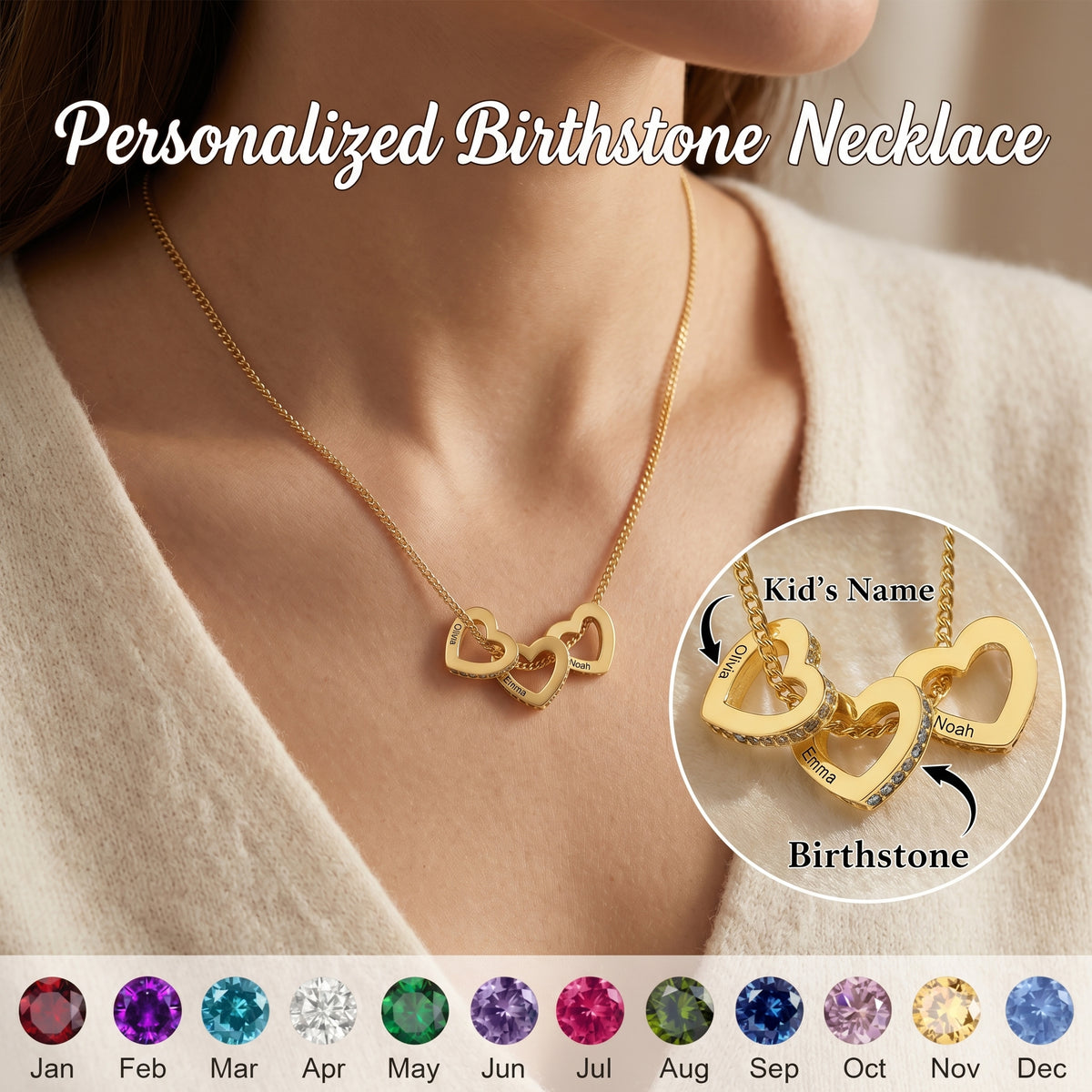 Personalized Heart Circle Birthstone Necklace with Name-Mothers Day Gift