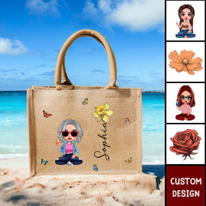 Cute Cartoon Women Girl Birth Flower - Personalized Jute Tote Bag