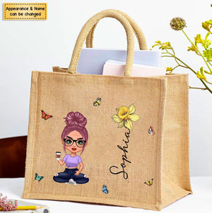 Cute Cartoon Women Girl Birth Flower - Personalized Jute Tote Bag