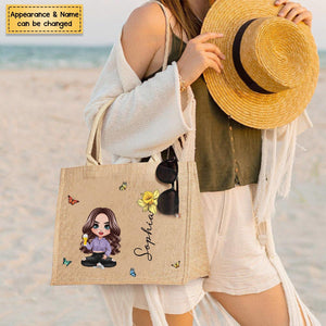 Cute Cartoon Women Girl Birth Flower - Personalized Jute Tote Bag