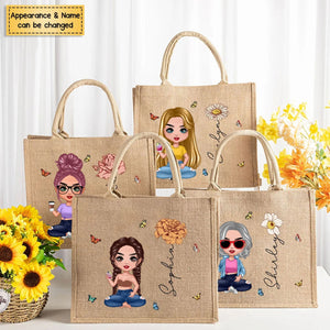 Cute Cartoon Women Girl Birth Flower - Personalized Jute Tote Bag