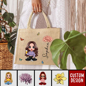 Cute Cartoon Women Girl Birth Flower - Personalized Jute Tote Bag